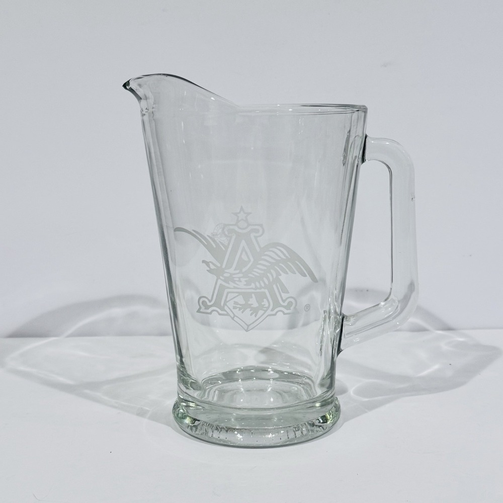 Anheuser Busch Official Merch Logo Beer Pitcher Clear Glass W‎ White Logo Heavy
